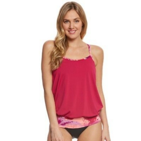 Nike Cascade Sport Fuschia Tankini Swim Top Draped Open Back Size Small - Picture 1 of 11
